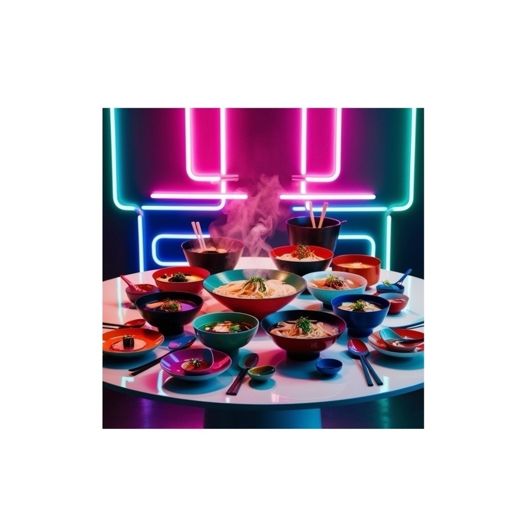 HANDCRAFTED digital Asian food dishes space bright colors NWT print NWT